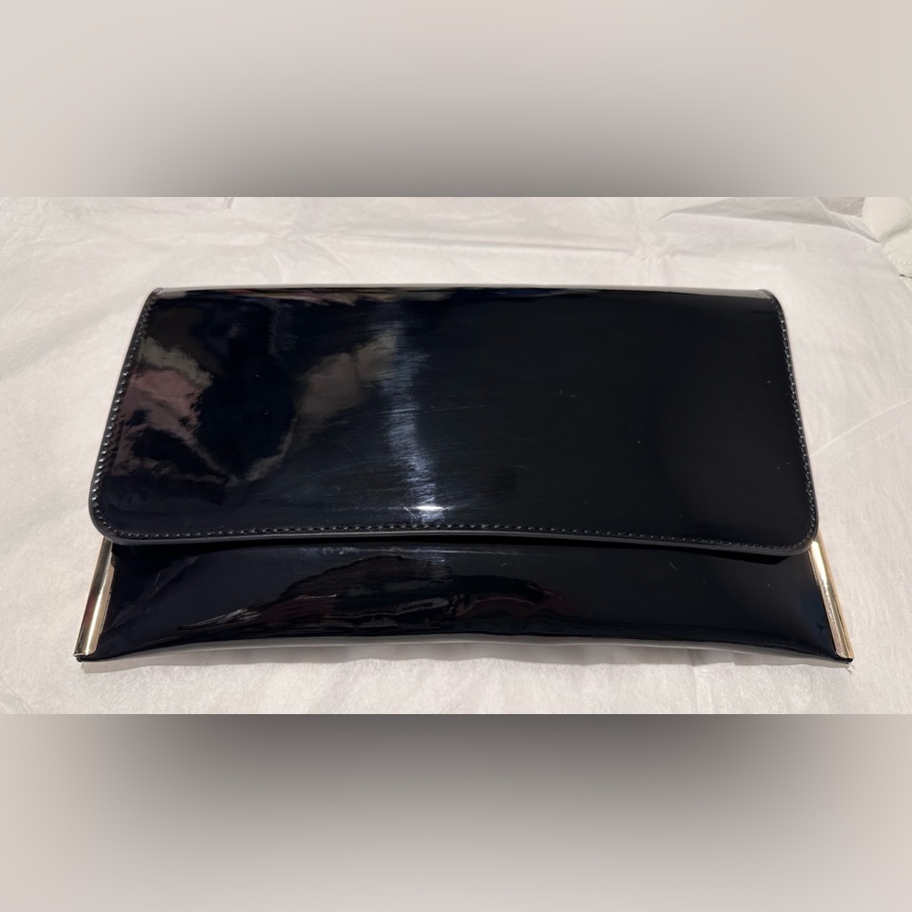 Patent Black Gold Accent Clutch Shoulder Evening Bag